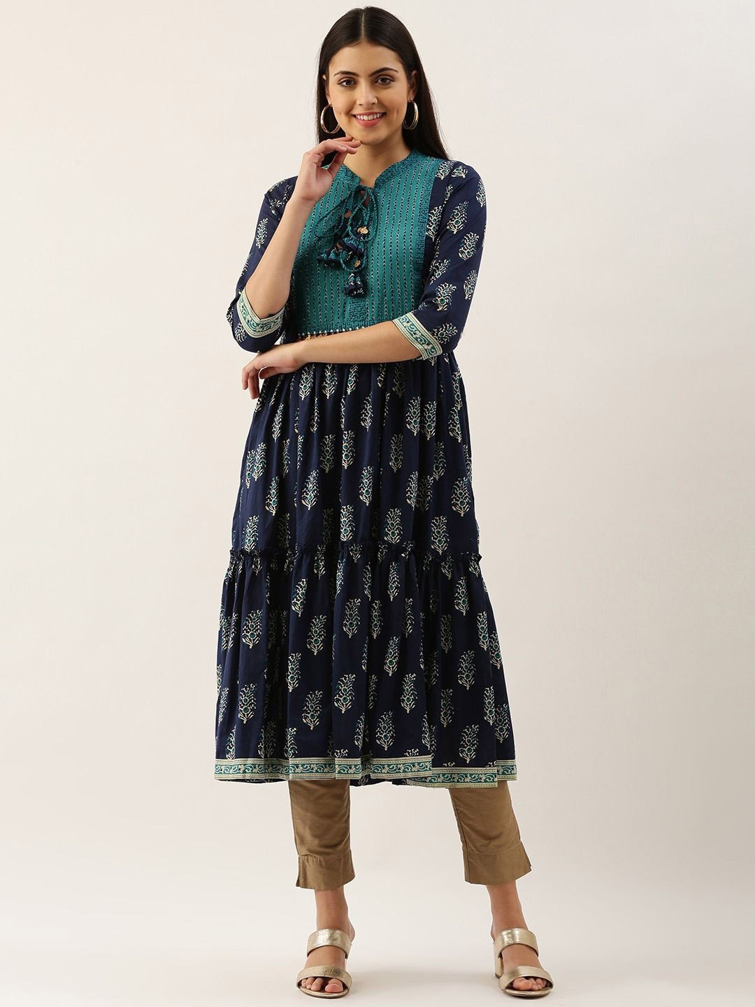 

KALINI Floral Printed Tie-Neck Tiered Anarkali Kurta, Blue