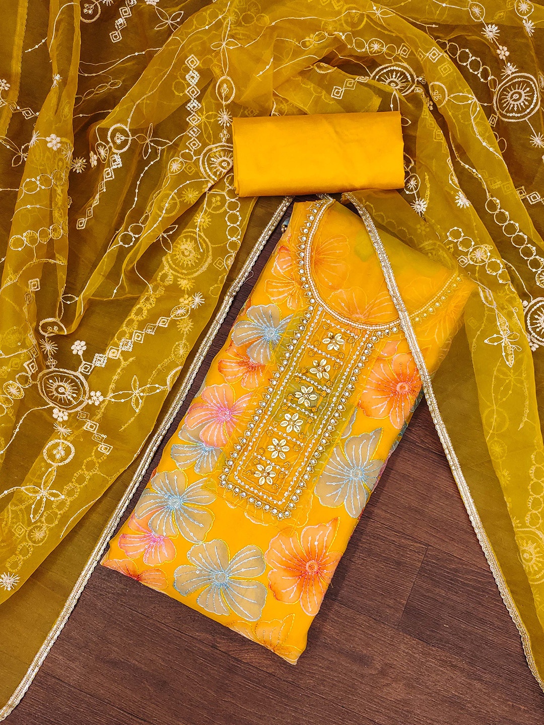 

SAINOOR Floral Embroidered Organza Unstitched Dress Material, Mustard
