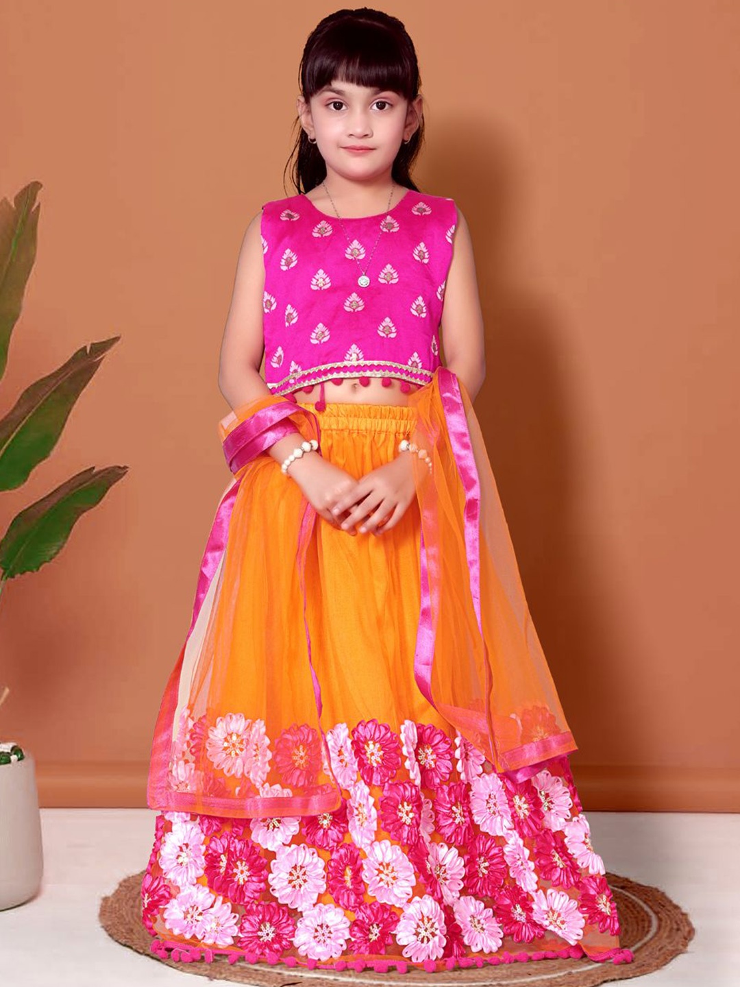 

BAESD Girls Woven Design Lehenga With Blouse And Dupatta, Orange