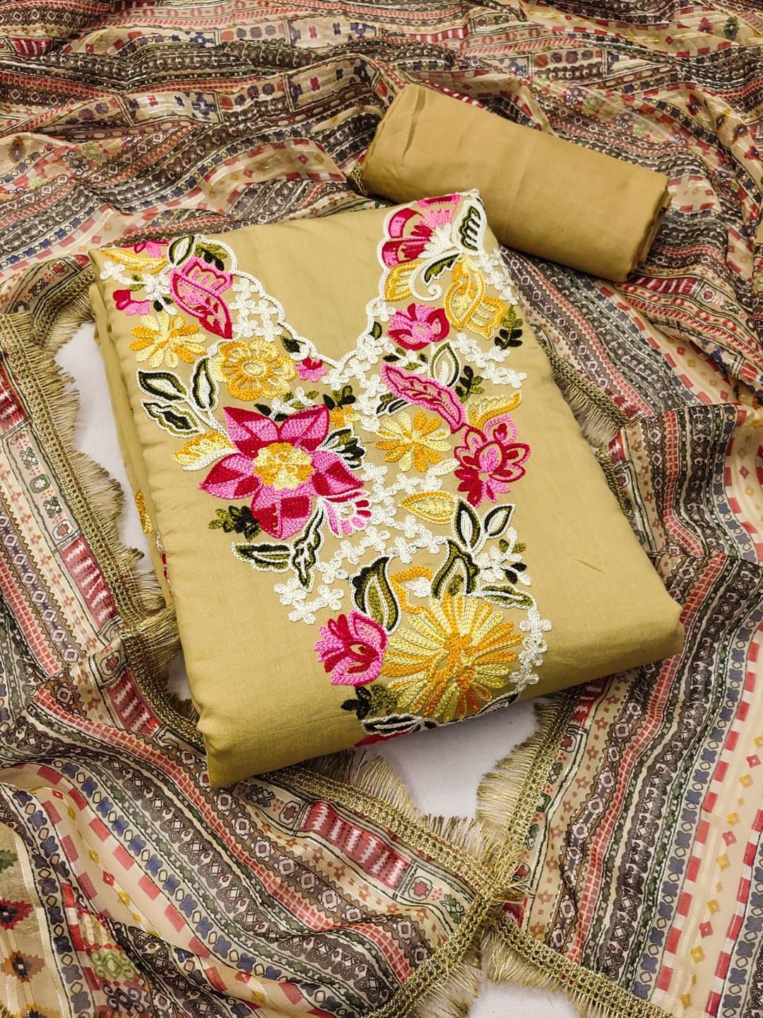 

Rangtulika Floral Embroidered Cotton Silk Unstitched Dress Material, Yellow