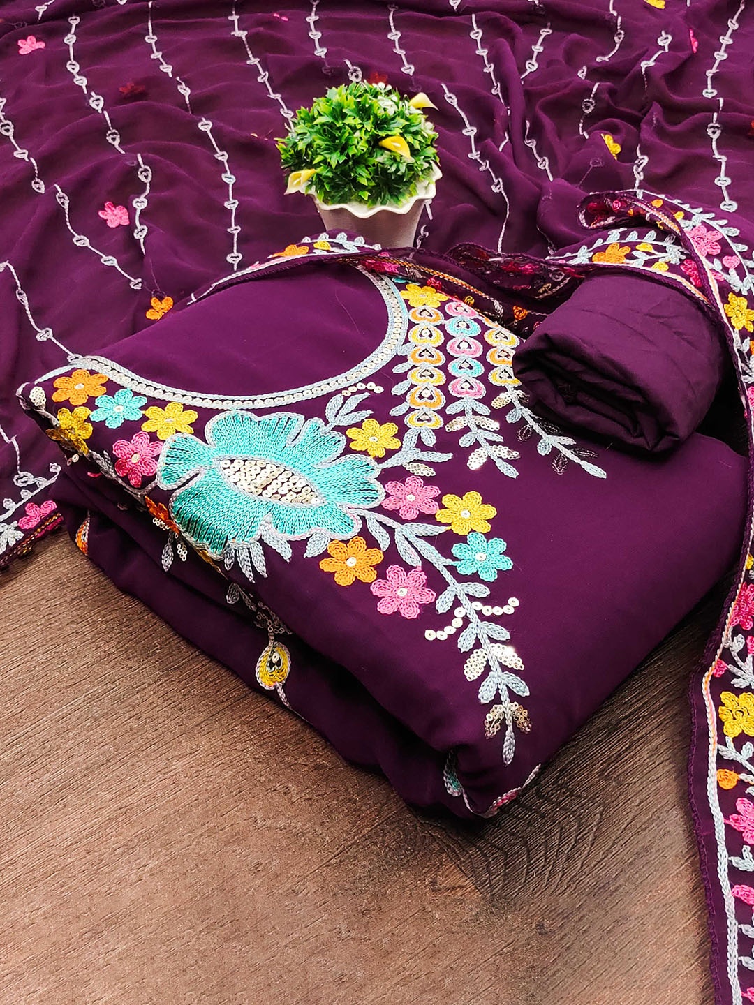 

SAINOOR Floral Embroidered Silk Georgette Unstitched Dress Material, Purple