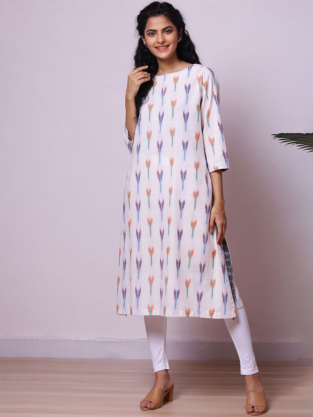 

Biba Women Geometric Striped Keyhole Neck Thread Work Kurta, White