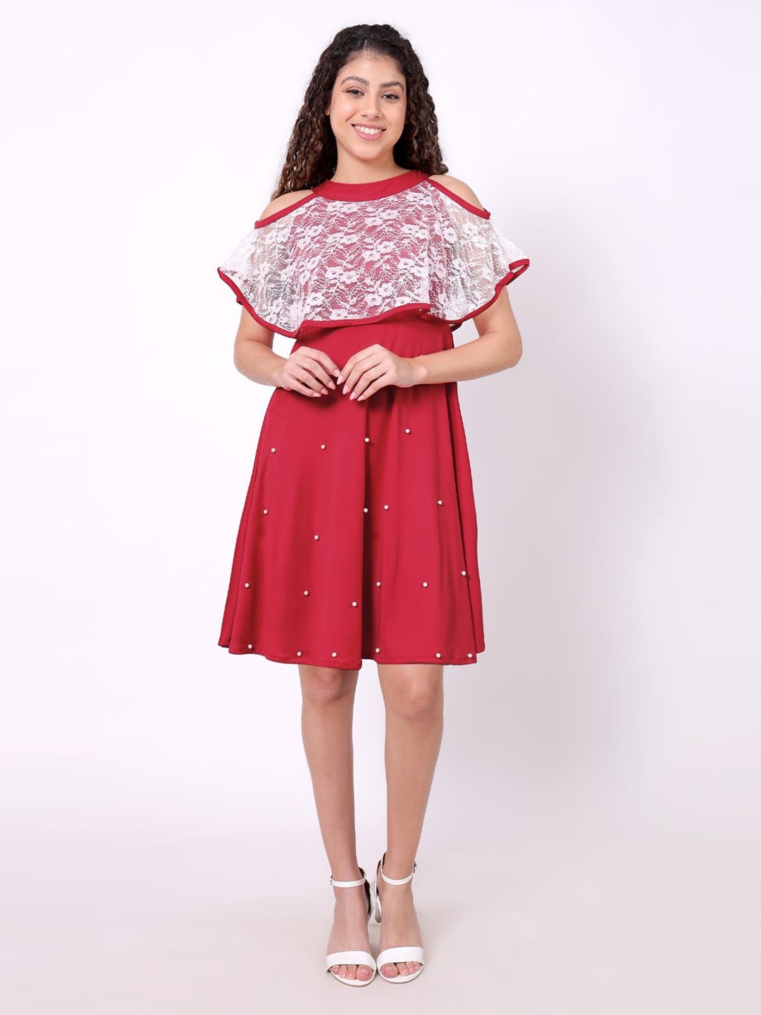 

ORIEX THE ORIGINAL FASHION Floral Flutter Sleeve Net A-Line Dress, Red