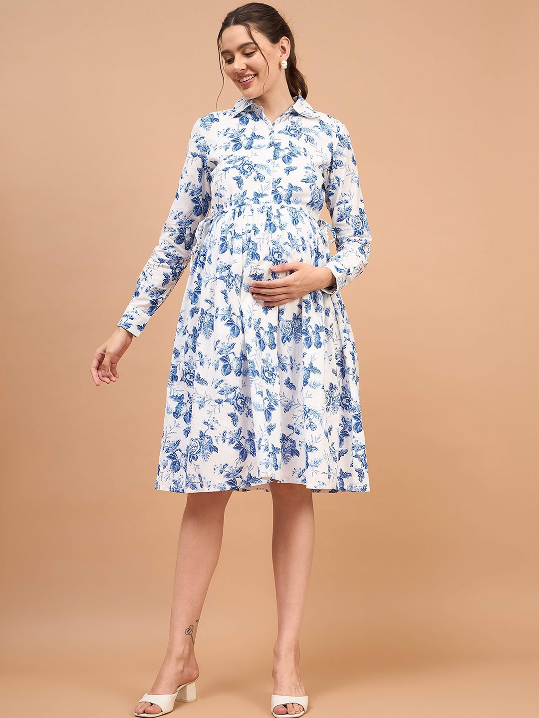 

Shades of Sabi Floral Print Fit & Flare Midi Maternity Dress, White