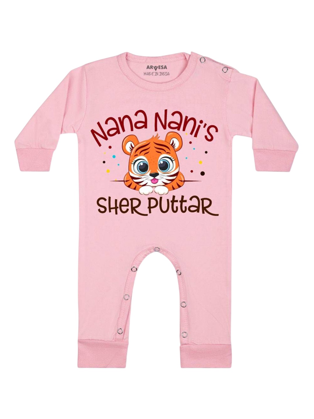 

Arvesa Kids Nana Nani Sher Puttar Printed Baby Romper, Pink