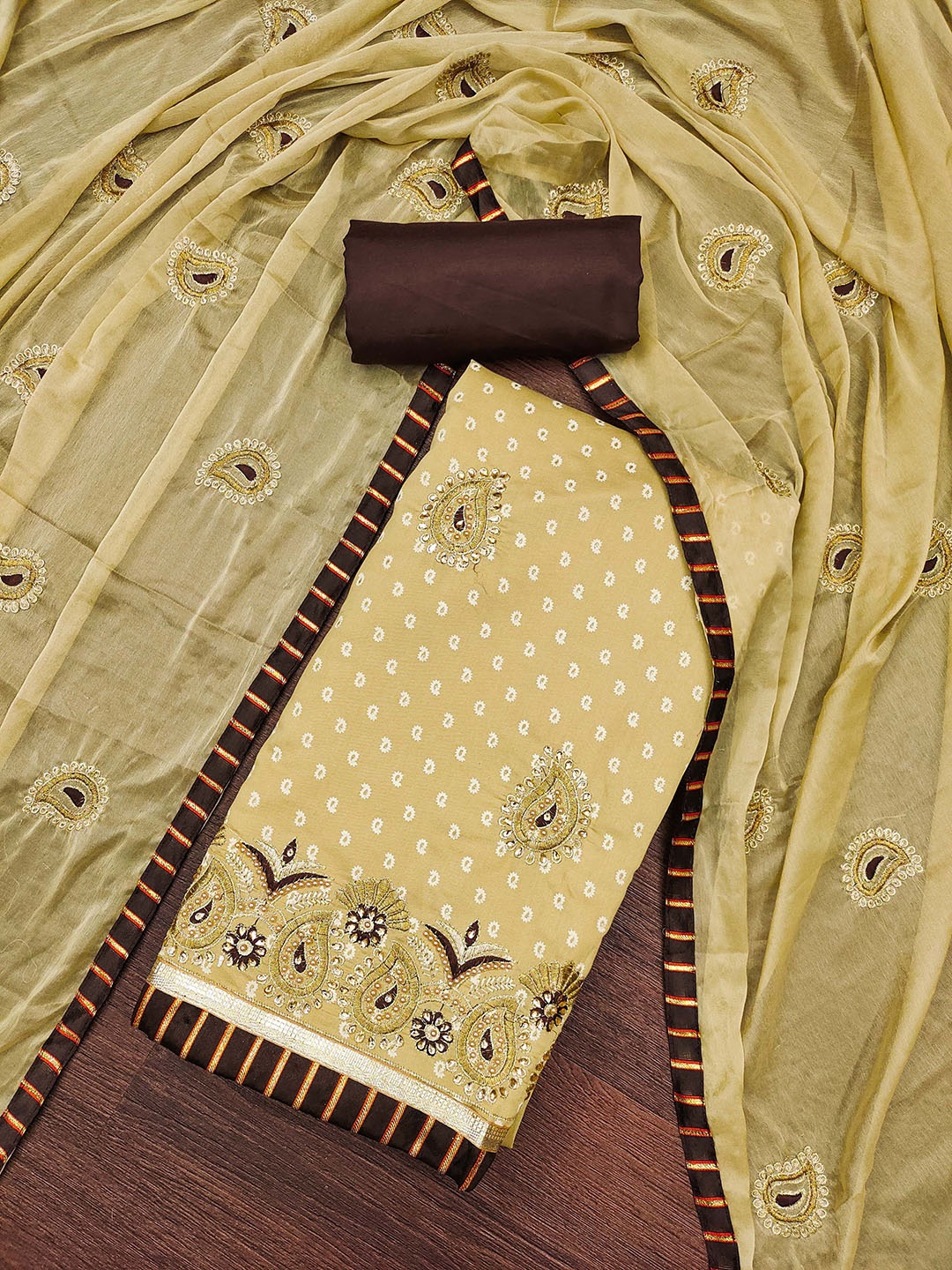 

MANVAA Embellished Unstitched Dress Material, Beige