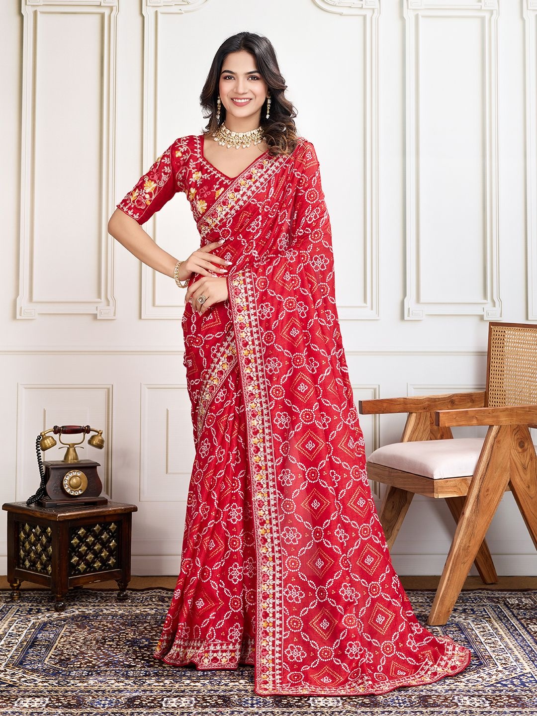 

House of Pataudi Panetar Bandhani Printed With Embroidered Saree With Unstitched Blouse, Red