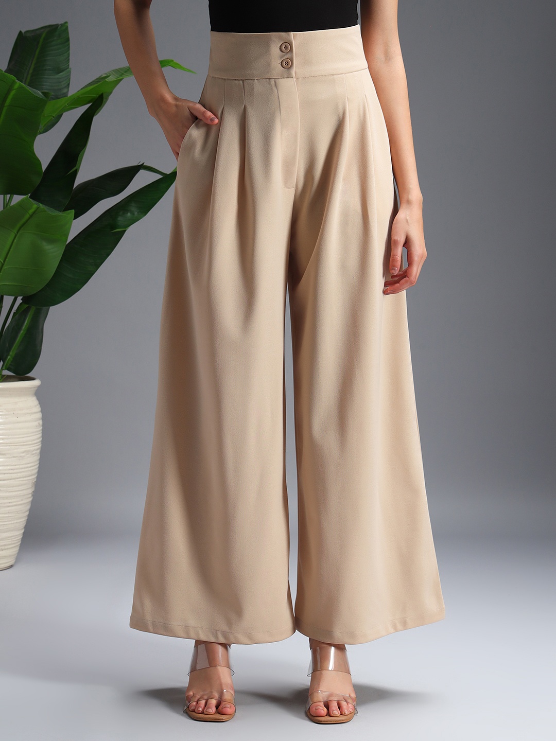 

Zastraa Women Relaxed Flared High-Rise Pleated Korean Pants, Beige