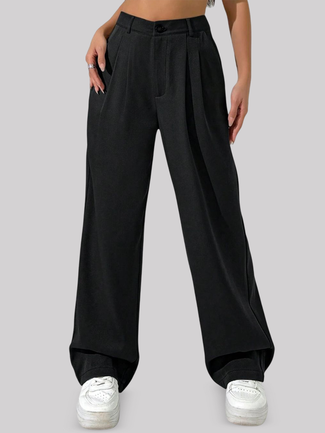 

FNOCKS Women Smart High-Rise Pleated Trousers, Black