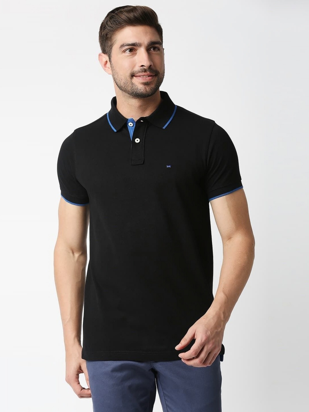 

Basics Men Polo Collar Pockets Slim Fit T-shirt, Black