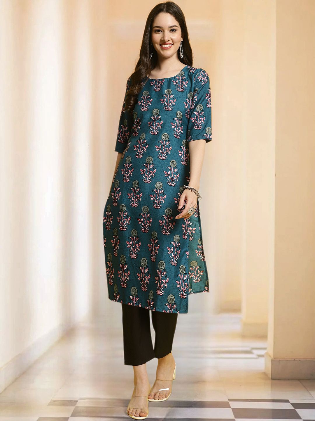 

Moda Rapido Floral Printed Round Neck Straight Kurta With Trousers, Teal