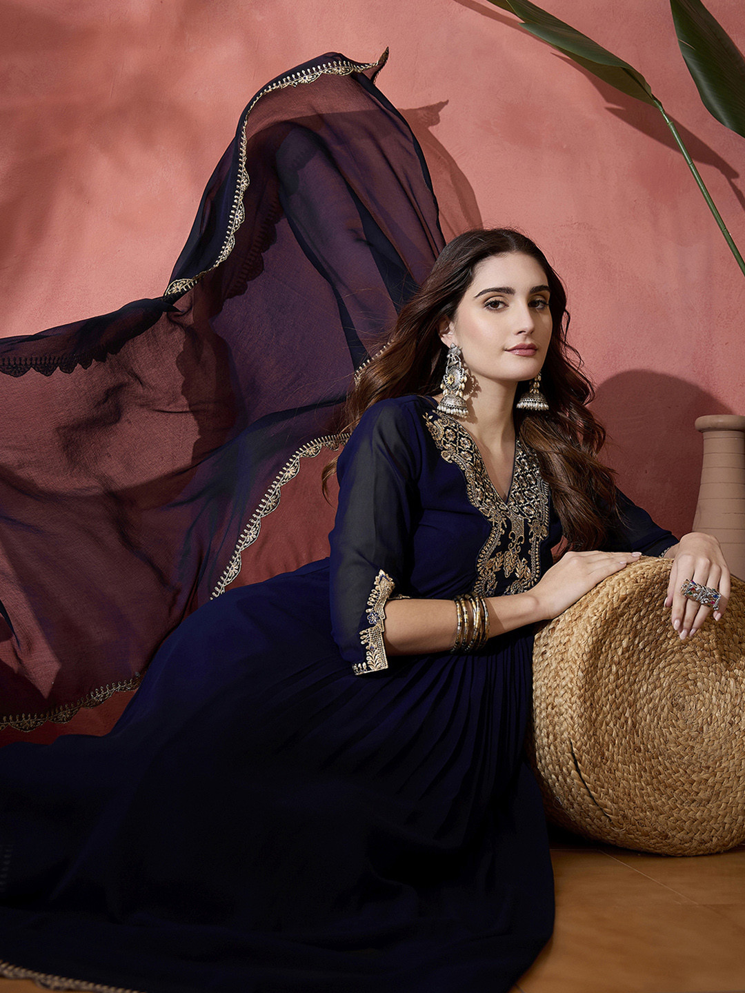 

Sangria Floral Yoke Design Pleated Sequinned A-Line Kurta With Trouser & Dupatta, Navy blue