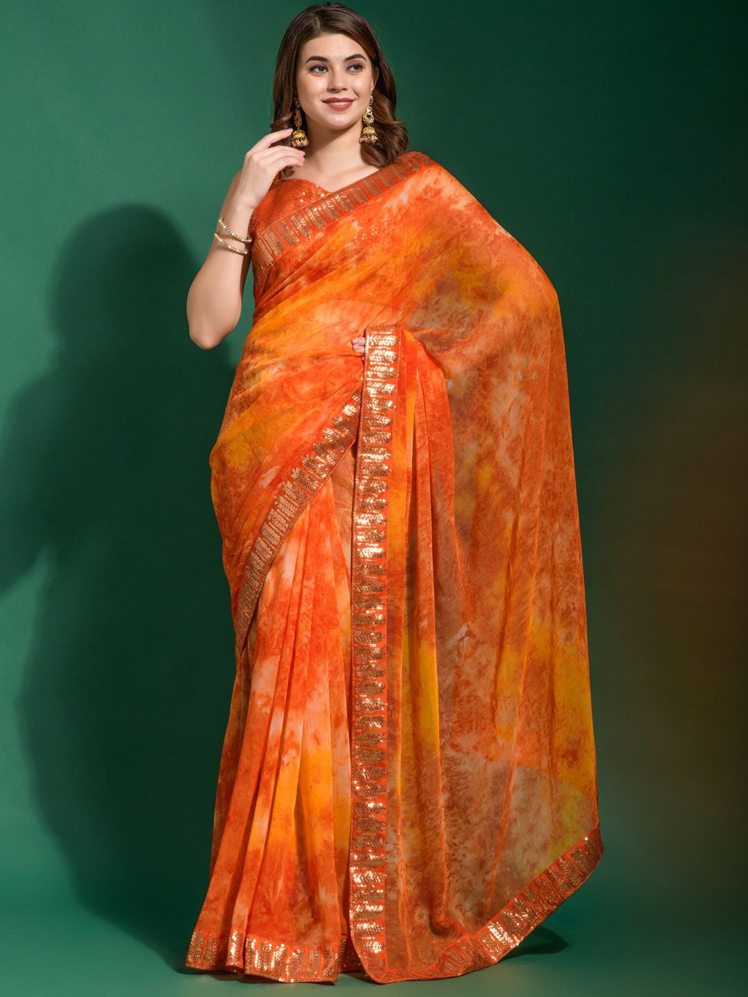 

Mitera Tie and Dye Sequinned Poly Chiffon Saree, Orange