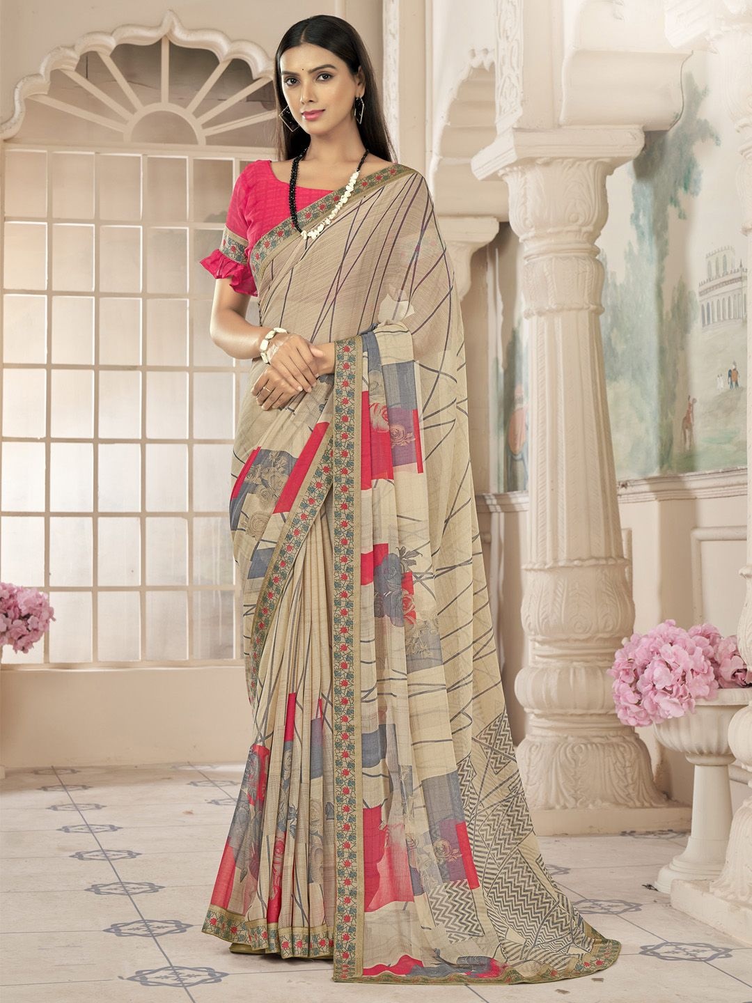 

Mitera Poly Chiffon Bagh Saree, Beige