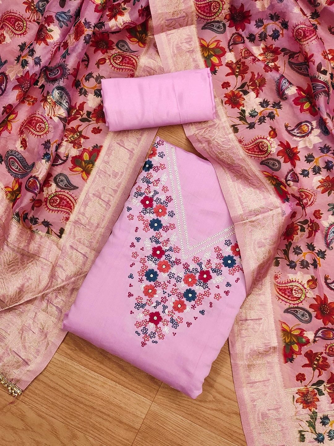 

SAINOOR Embroidered Pure Silk Unstitched Dress Material, Pink