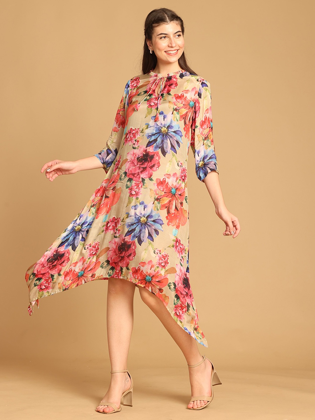 

CORSICA Floral Print Tie-Up Neck A-Line Dress, Beige