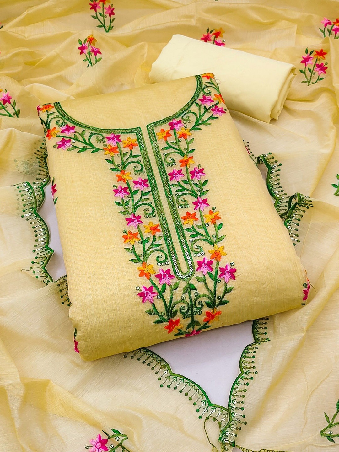 

Rangtulika Ethnics Floral Embroidered Unstitched Dress Material, Yellow