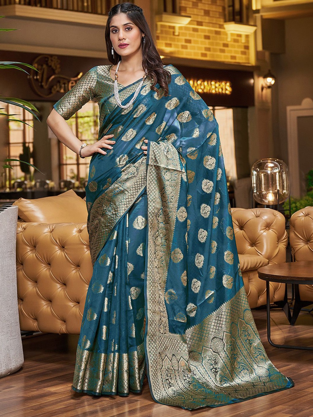 

Mitera Woven Design Zari Organza Banarasi Saree, Teal