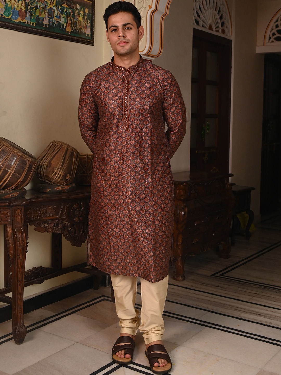 

Ethnic India Ethnic Motifs Printed Embroidered Mirror Work Straight Kurta, Maroon