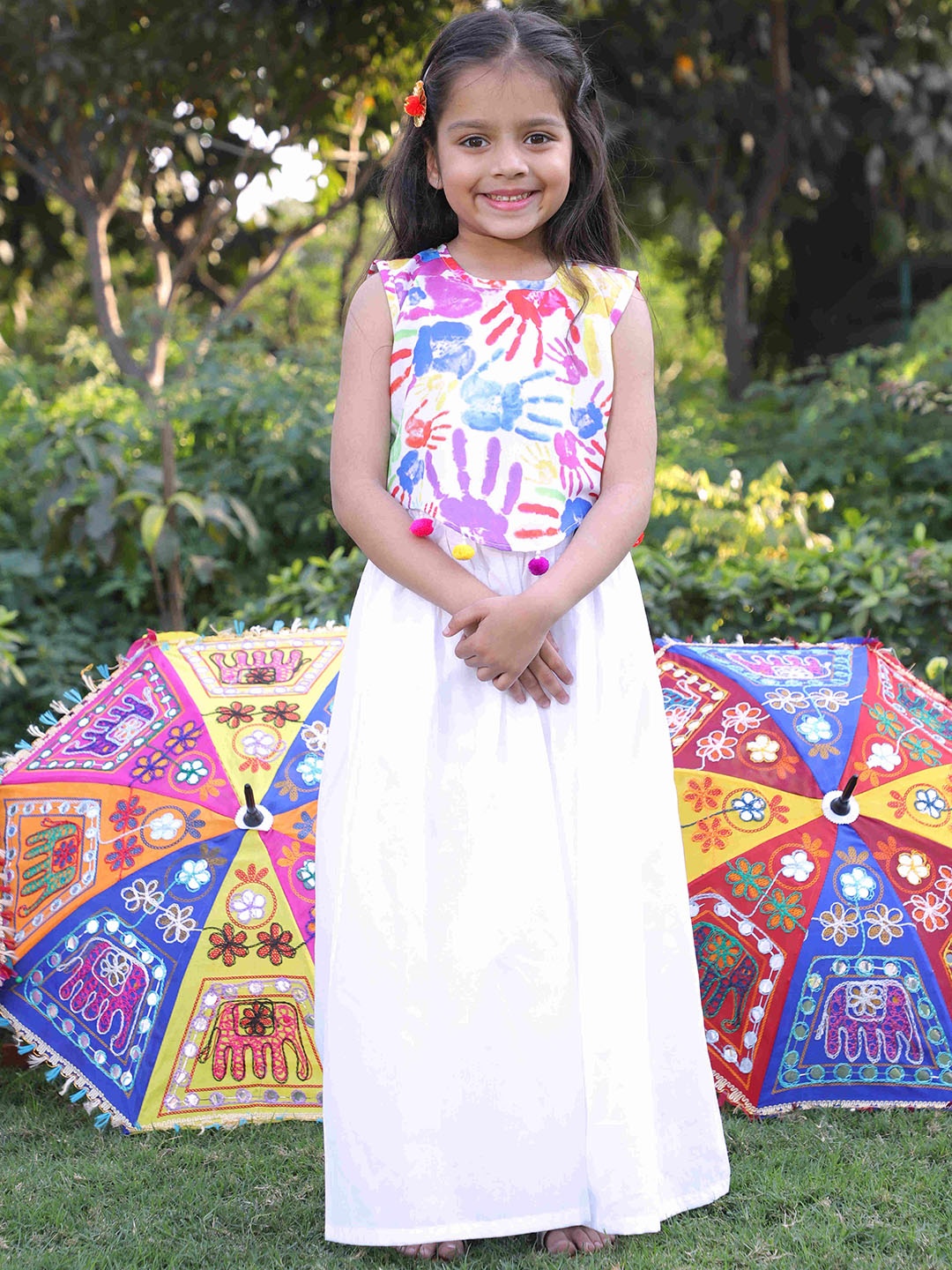 

EthIndia Girls Printed Round Neck Pure Cotton Top With Palazzos, White