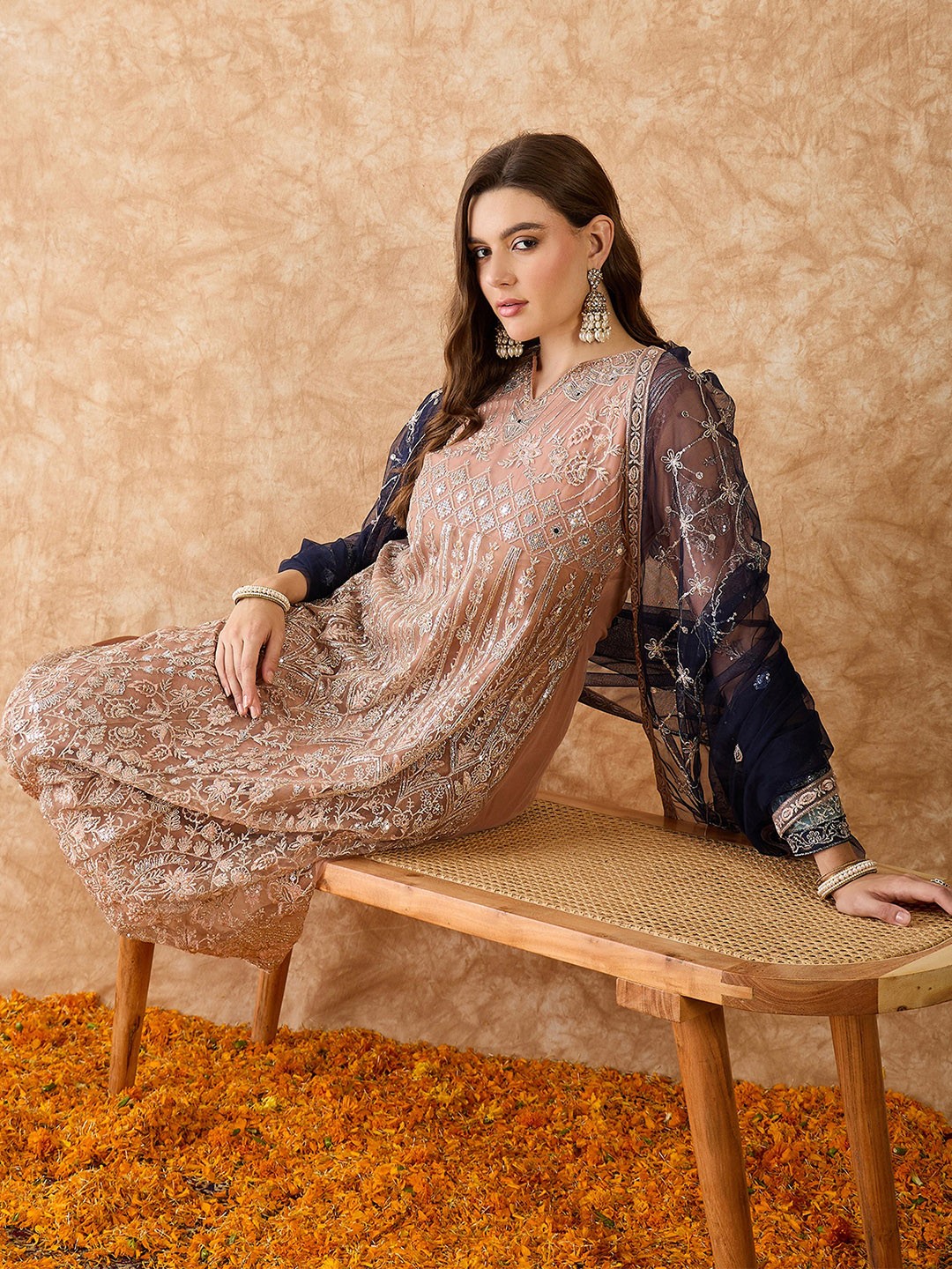 

SAINOOR Floral Embroidered Pakistani Semi-Stitched Dress Material, Beige