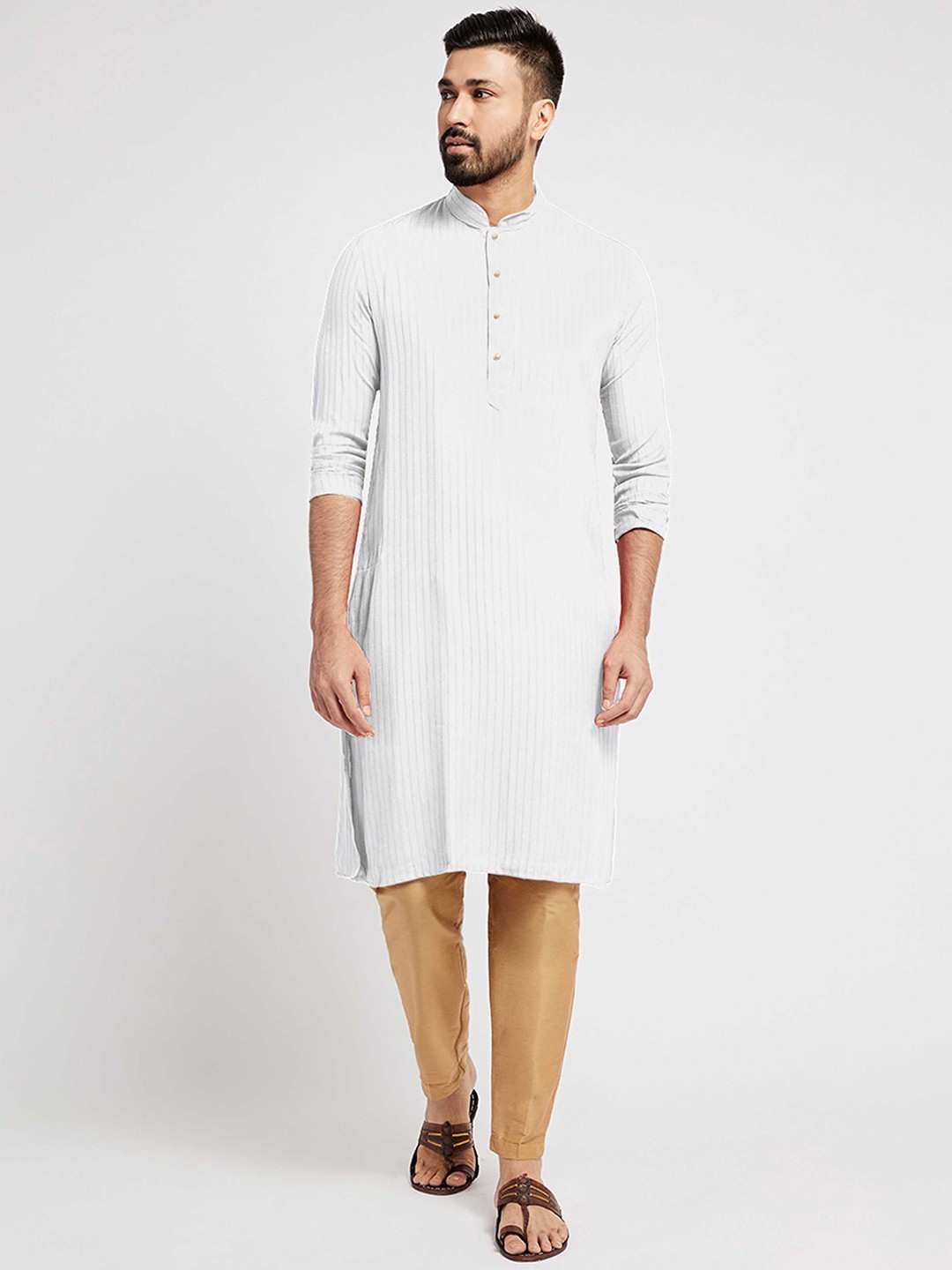 

Ethnic India Striped Woven Design Straight Kurta, Cream