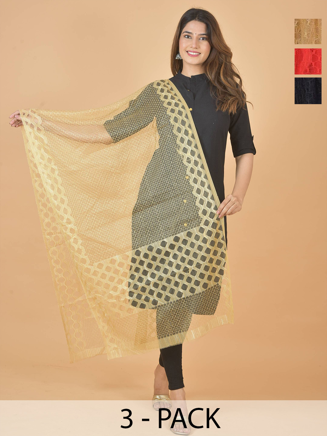 

LA FEMINAE Selection Of 3 Geometric Woven Design Dupatta, Black