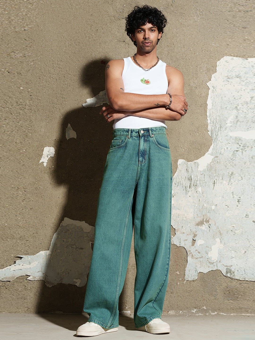 

FREAKINS Deep Jade Men Cotton Wide Leg Jeans, Green