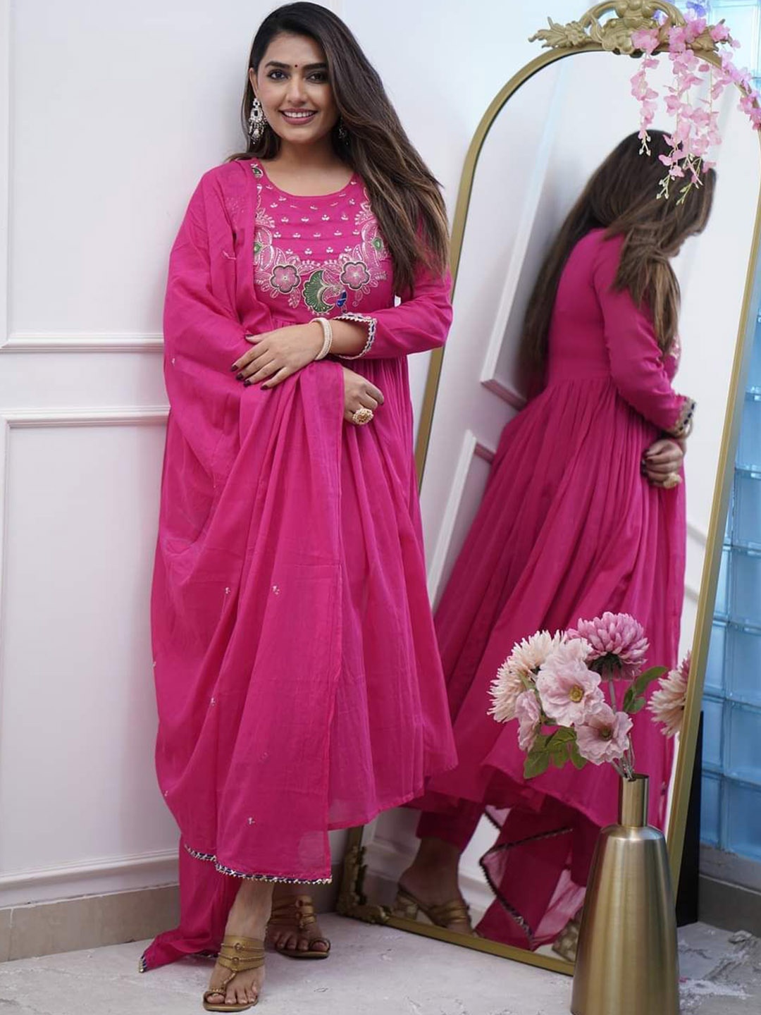 

Sanwariya Silk Floral Embroidered Thread Work Silk Chiffon Kurta With Trousers & Dupatta, Pink