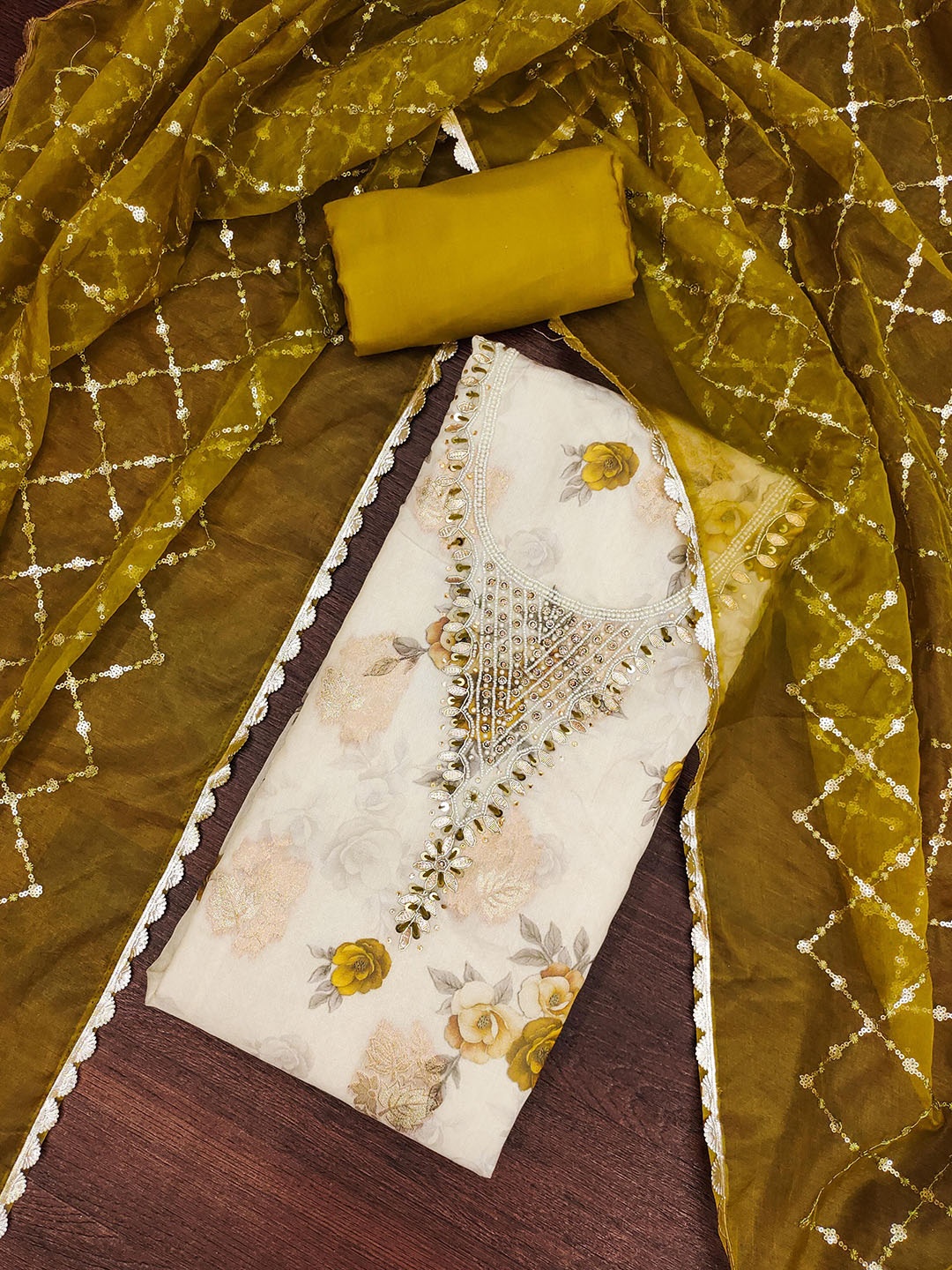 

MANVAA Embellished Unstitched Dress Material, Cream