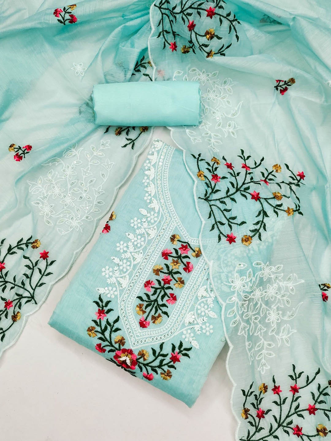 

Rangtulika Floral Embroidered Sequinned Modal Unstitched Dress Material, Blue