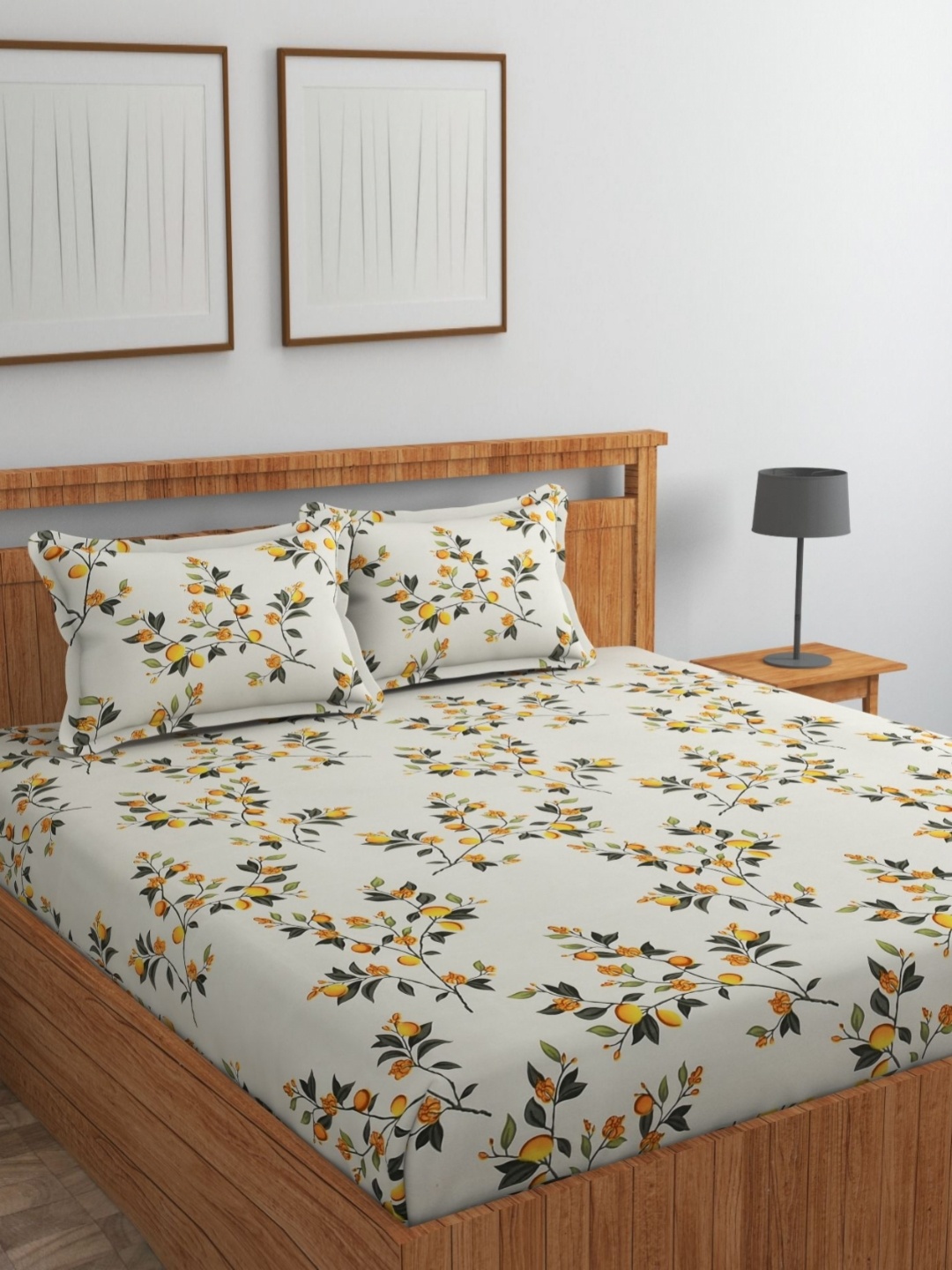 

VOMZER Cream and Green Printed Pure Cotton 210TC Fitted Queen Bedsheet Set - 1.82m x 1.82m