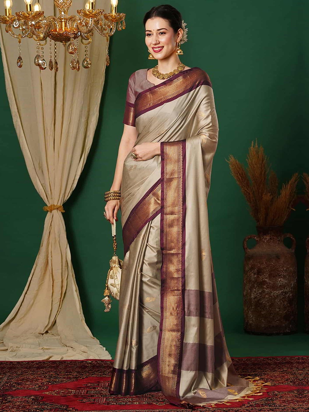 

SILKWEAR Ethnic Motifs Zari Silk Cotton Banarasi Saree, Beige