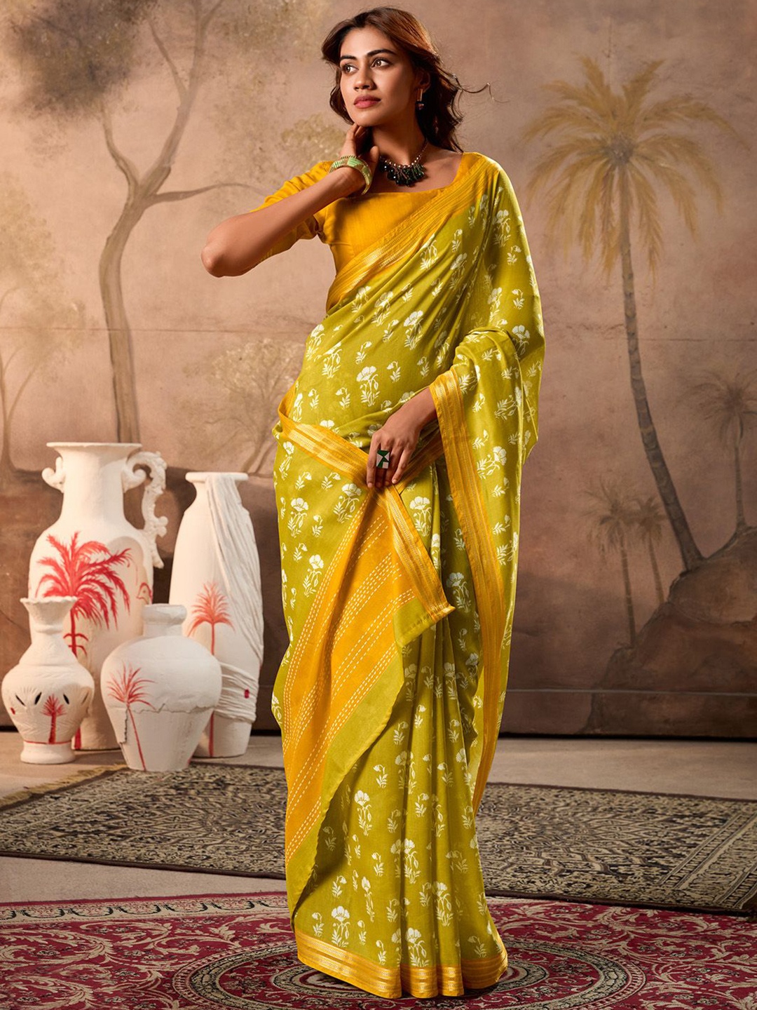 

Mitera Floral Zari Block Print Saree, Olive