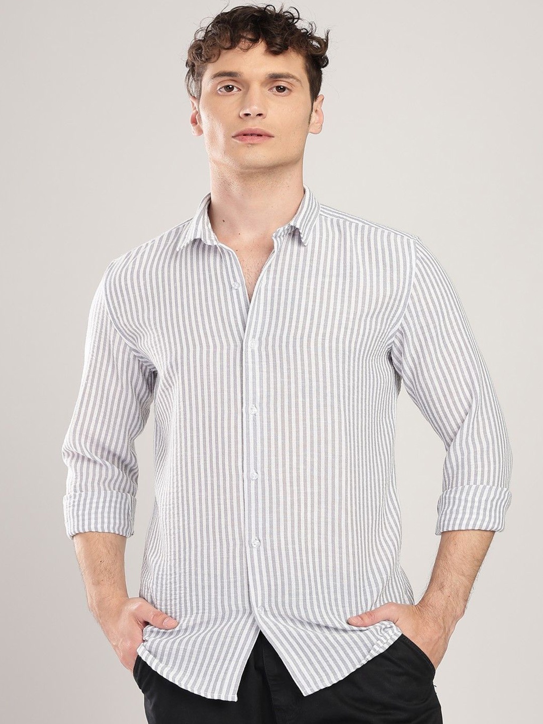 

THE BEETEL HOUSE Men Linen Like Lining Regular Slim Fit Casual Shirt, Grey