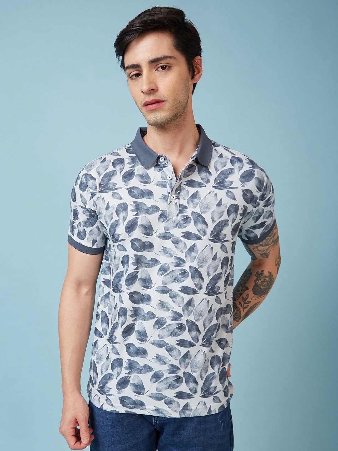 

Status Quo Men Floral Printed Polo Collar Regular Fit T-shirt, White