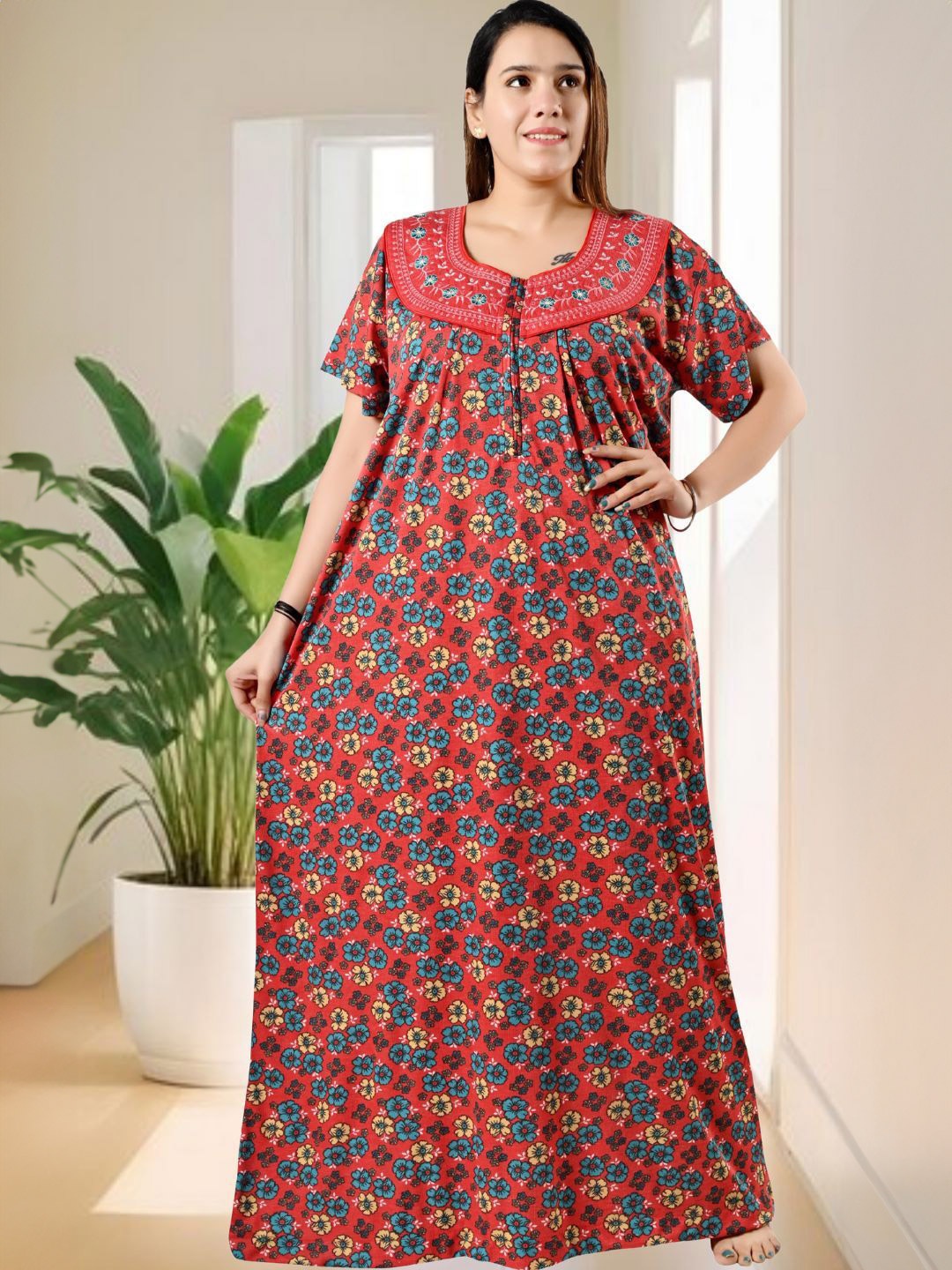 

Bindass Female Collection Embroidered Maxi Nightdress, Red