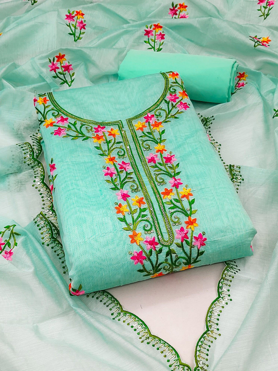 

Rangtulika Floral Embroidered Chanderi Cotton Unstitched Dress Material, Blue
