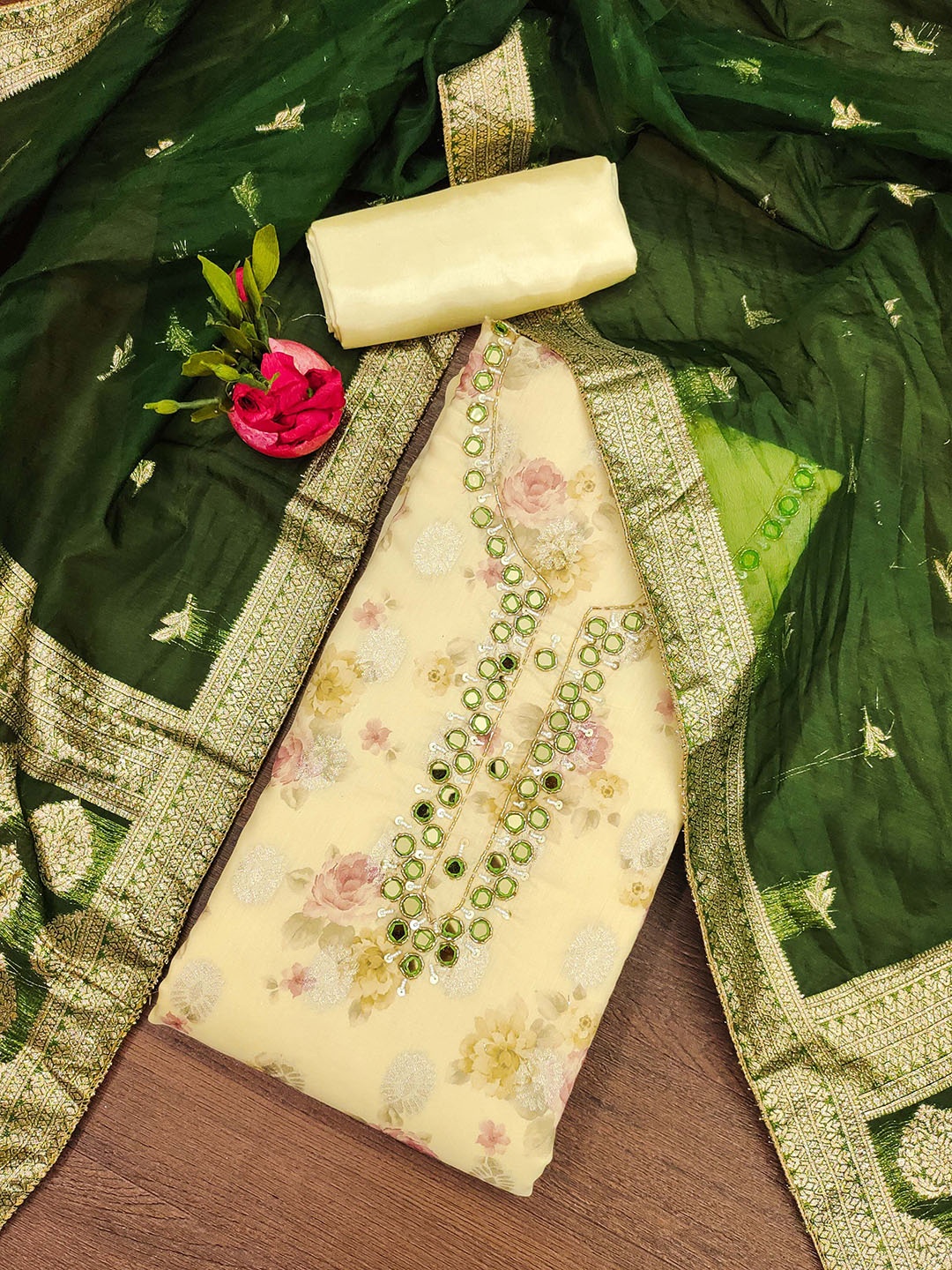 

SAINOOR Floral Beads and Stones Embroidered Semi-Stitched Dress Material, Yellow