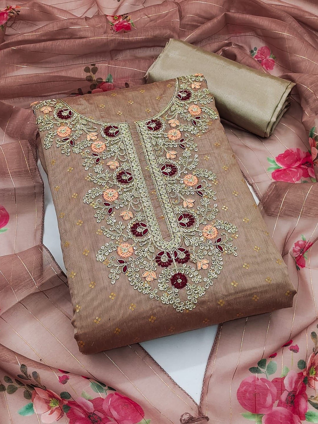 

BlissFlair Floral Embroidered Sequinned Chanderi Cotton Unstitched Dress Material, Brown
