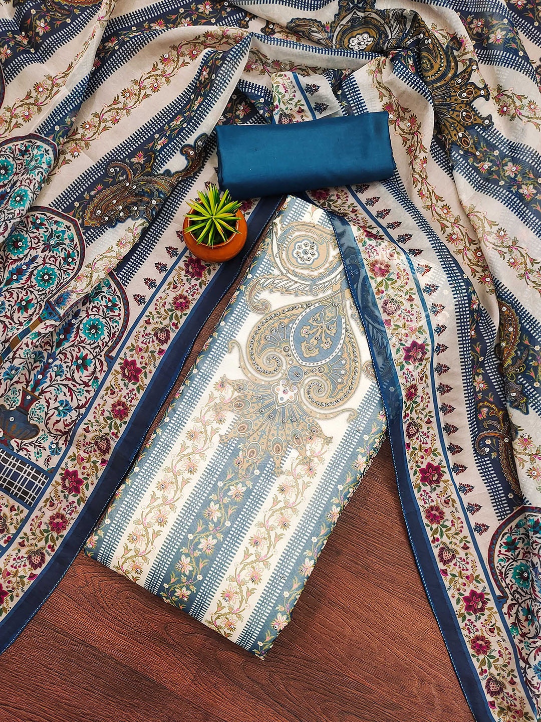 

MANVAA Embellished Organza Unstitched Dress Material, Blue