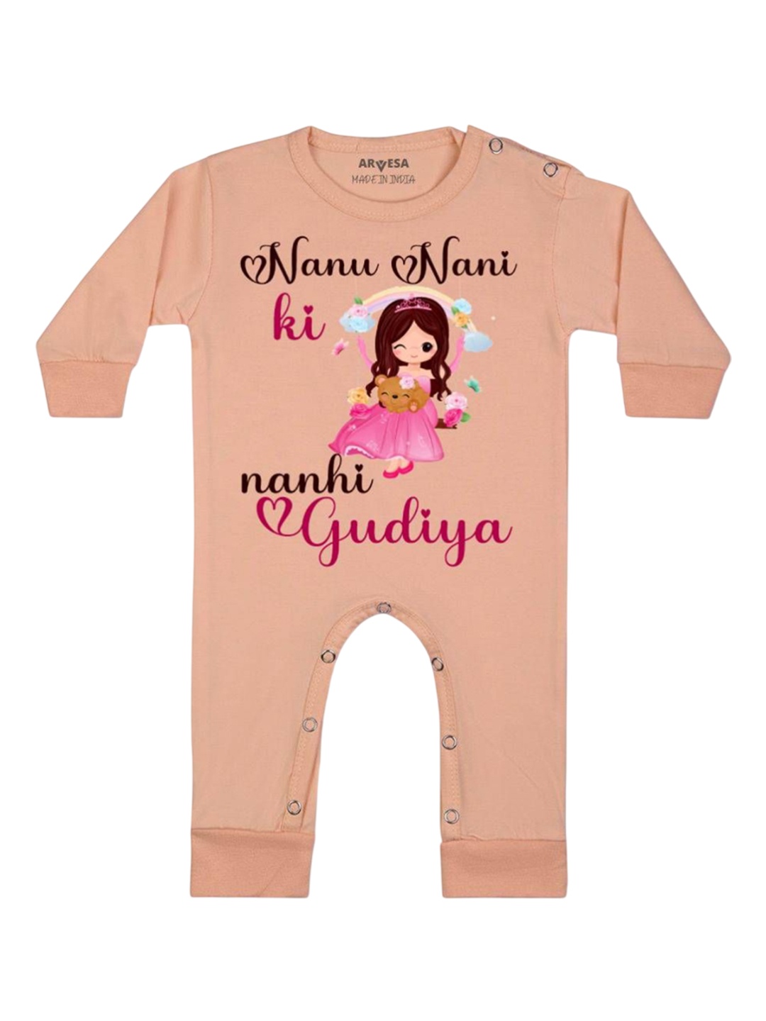 

Arvesa Kids Nana Nani Ki Nani Gudiya Printed Baby Romper, Peach