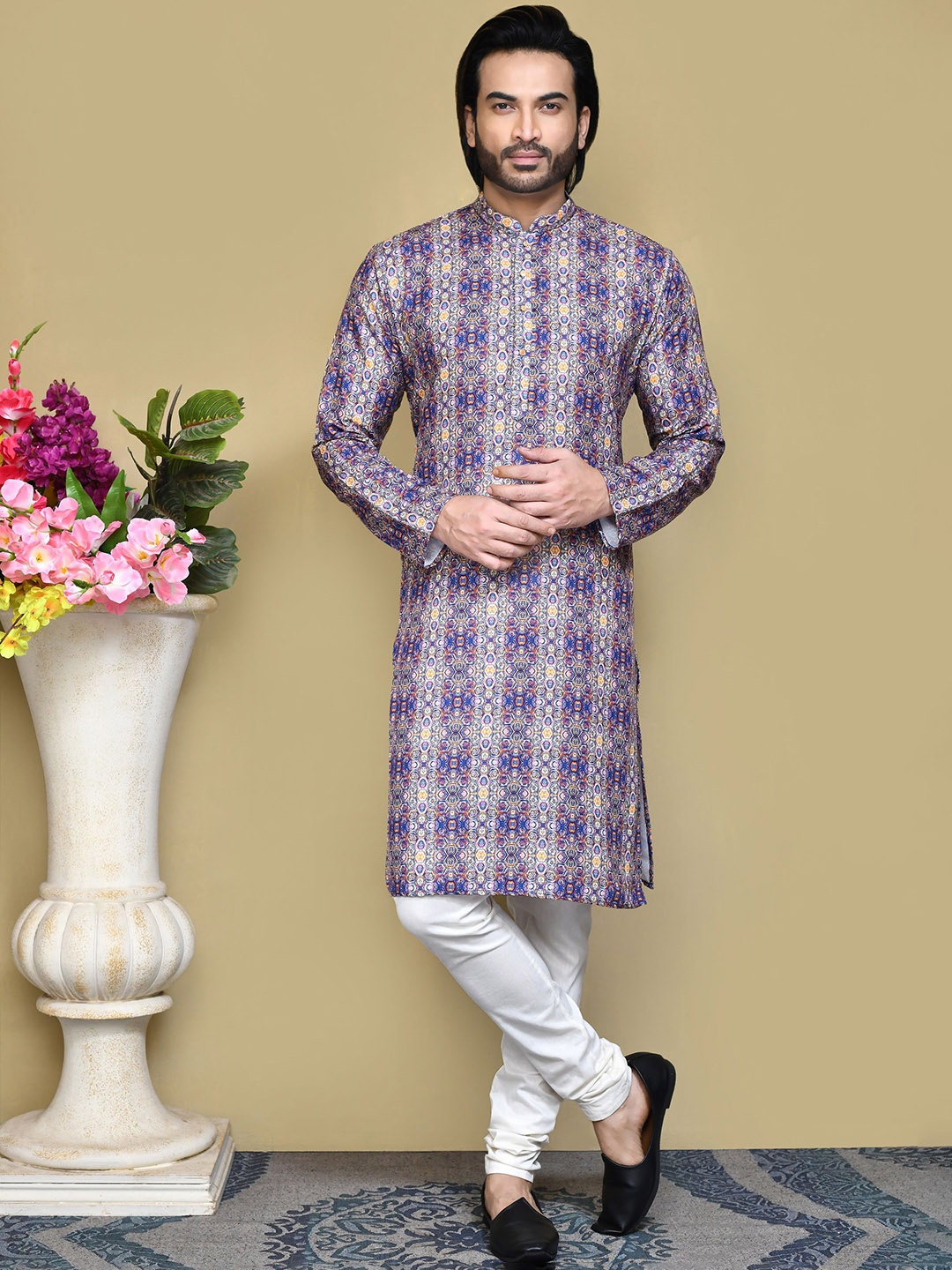 

RANAK Men Printed Regular Kurta with Pyjamas, Blue