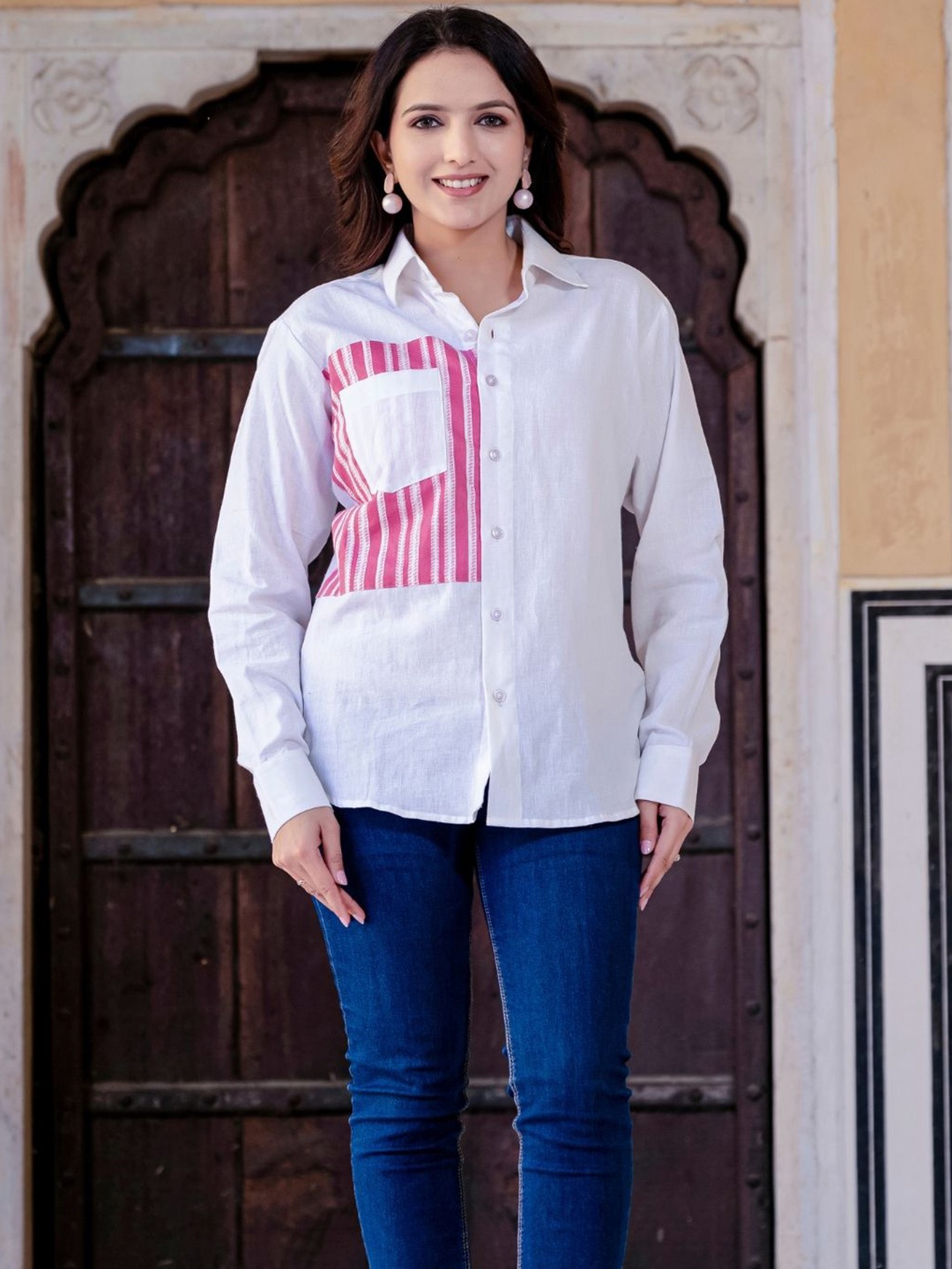 

SAADGEE Women Opaque Striped Casual Shirt, White