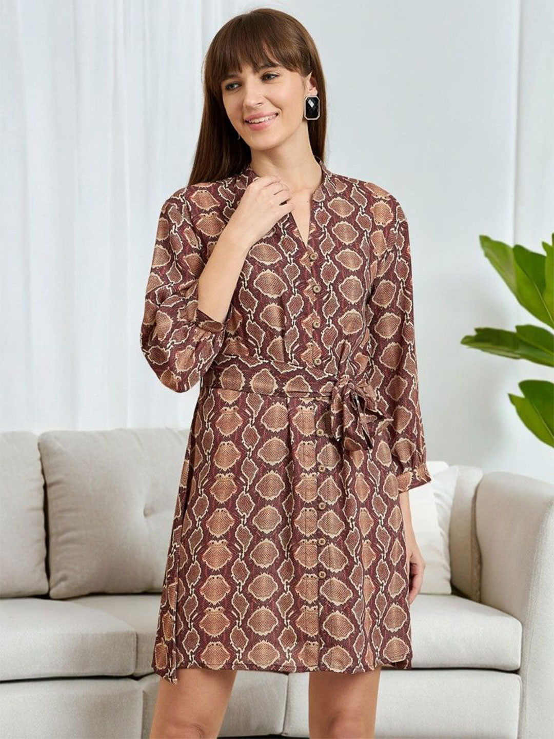 

DressBerry Print Crepe A-Line Mini Dress, Brown