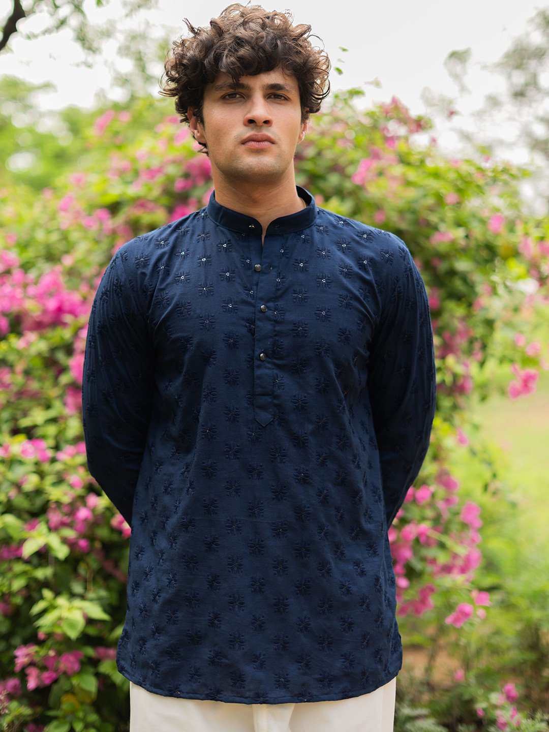 

Ethnic India Floral Embroidered Sequnnied Mandarin Collar Cotton Straight Kurta, Navy blue