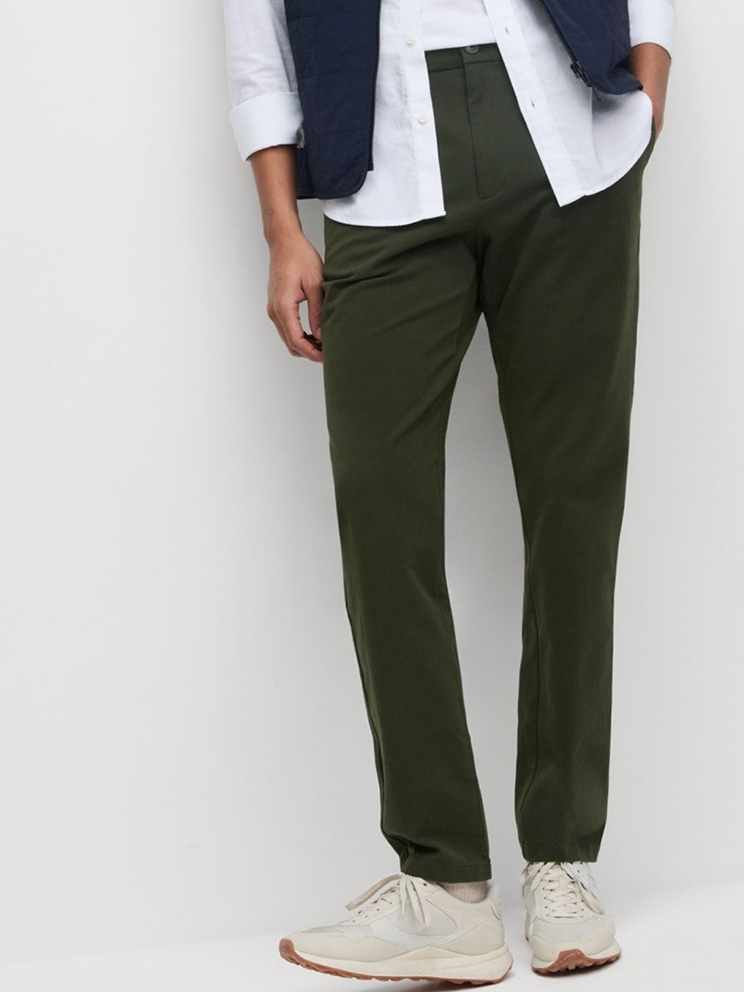 

Marks & Spencer Men Slim Fit Mid-Rise Cotton Trousers, Olive