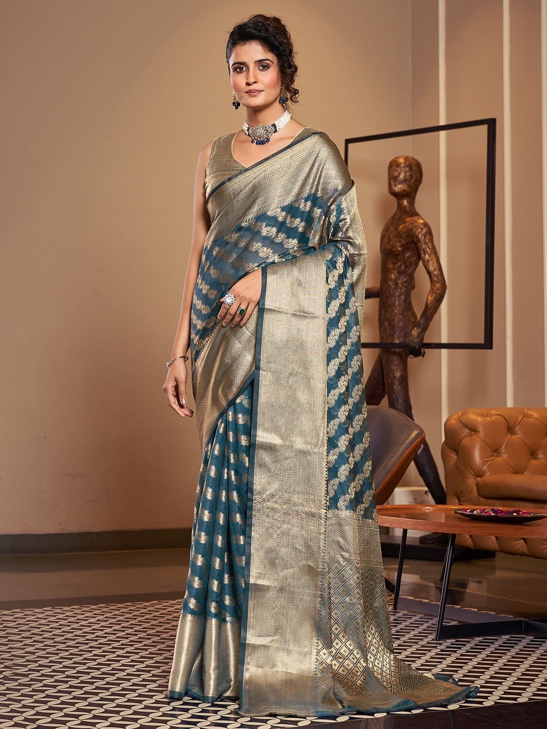 

Mitera Woven Design Zari Organza Banarasi Saree, Teal