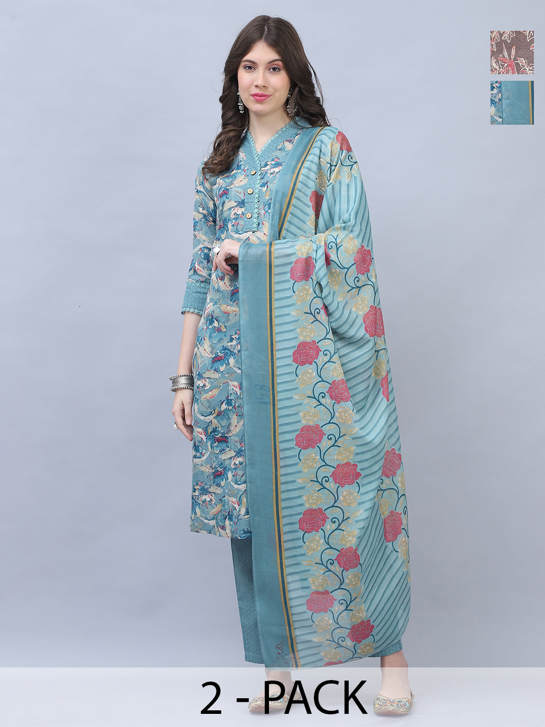

Rajnandini Selection Of 2 Floral Printed Straight Kurta with Trouser & Dupatta, Brown