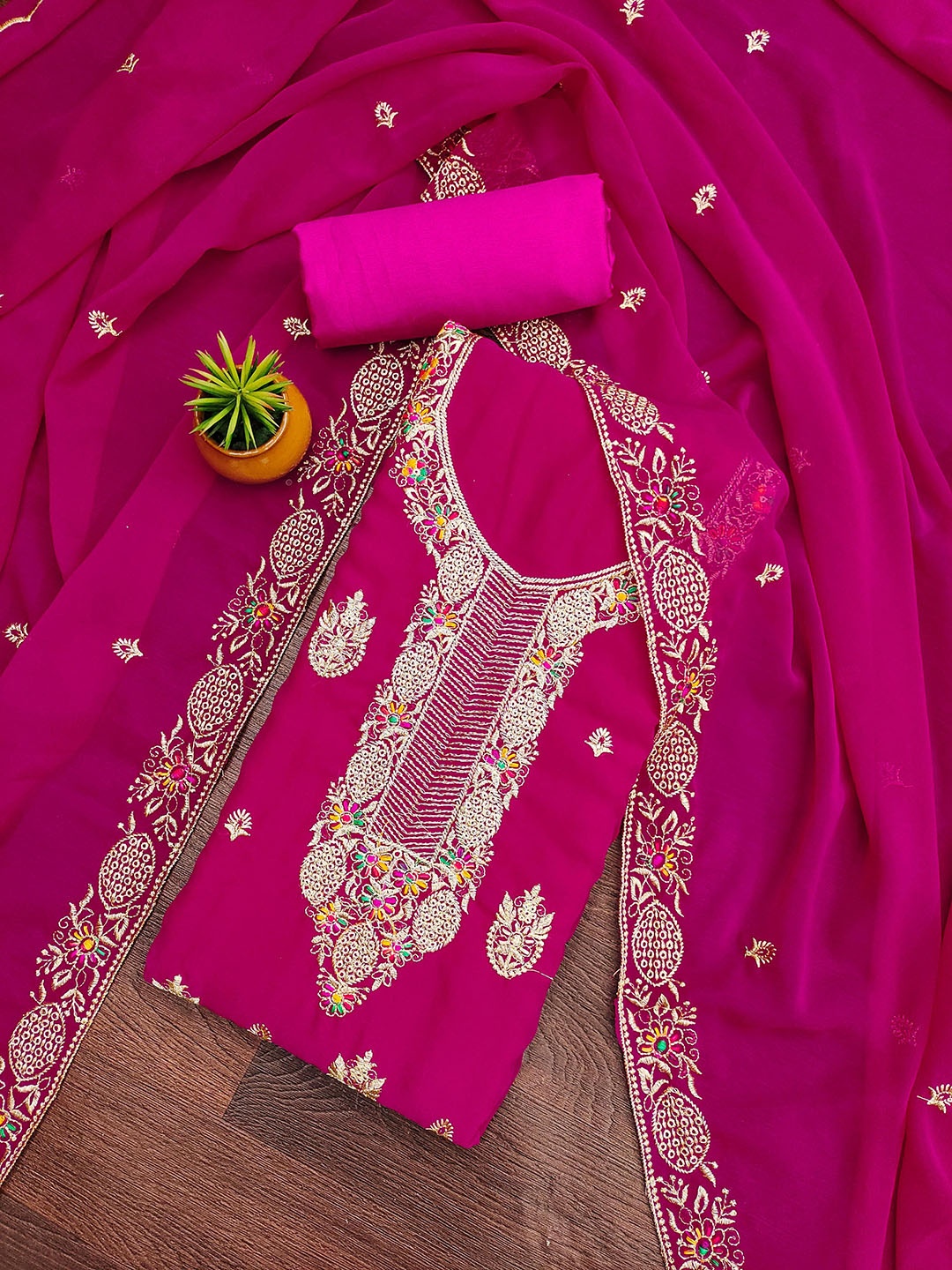 

MANVAA Embellished Organza Unstitched Dress Material, Pink